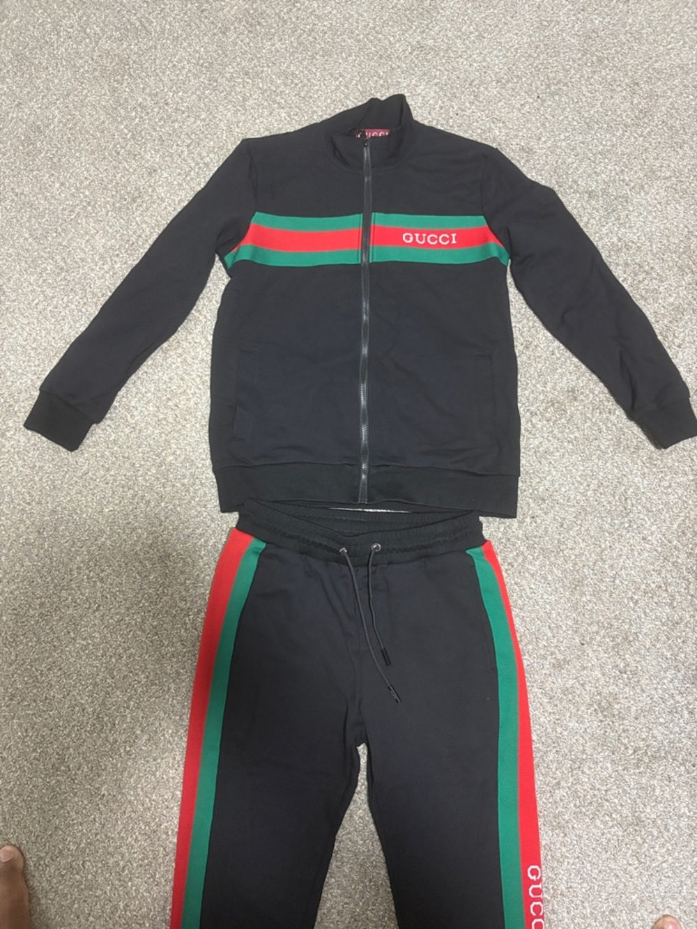 Gucci Black Zip Track Jacket & Joggers with Red and Green Stripes